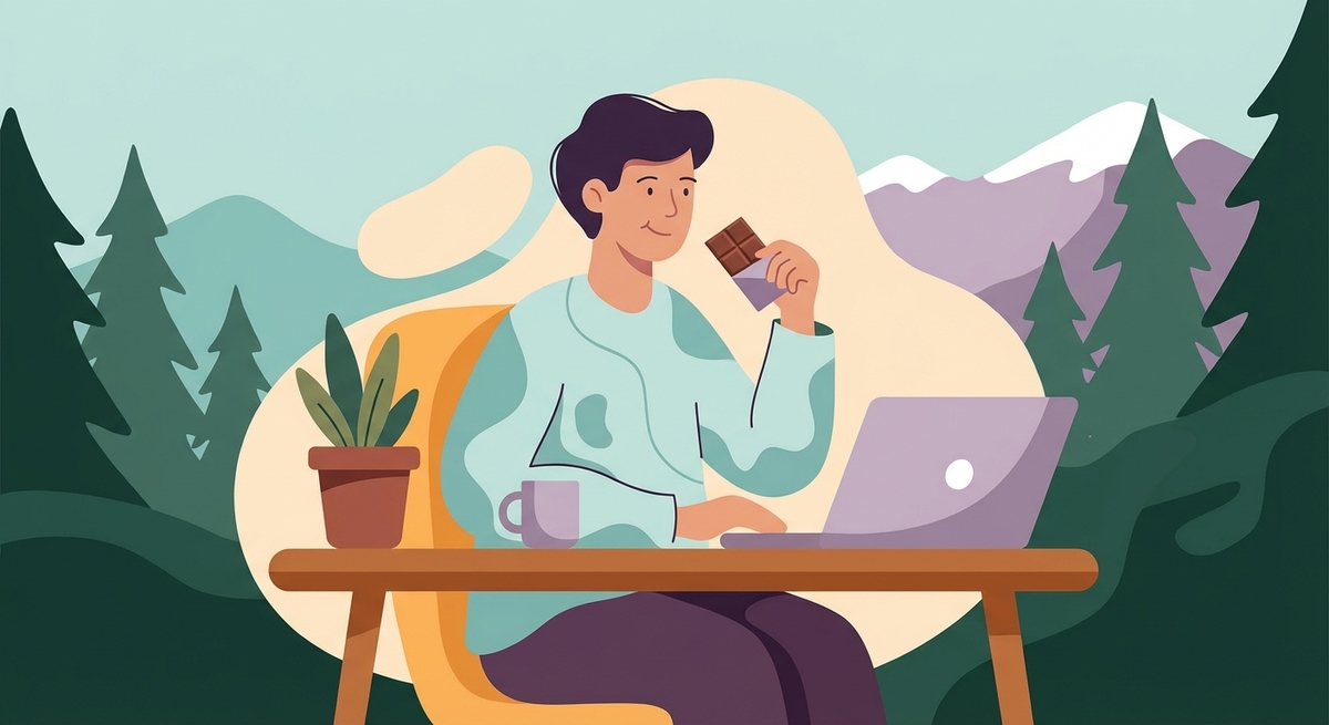 A person eating a piece of chocolate while working at a computer