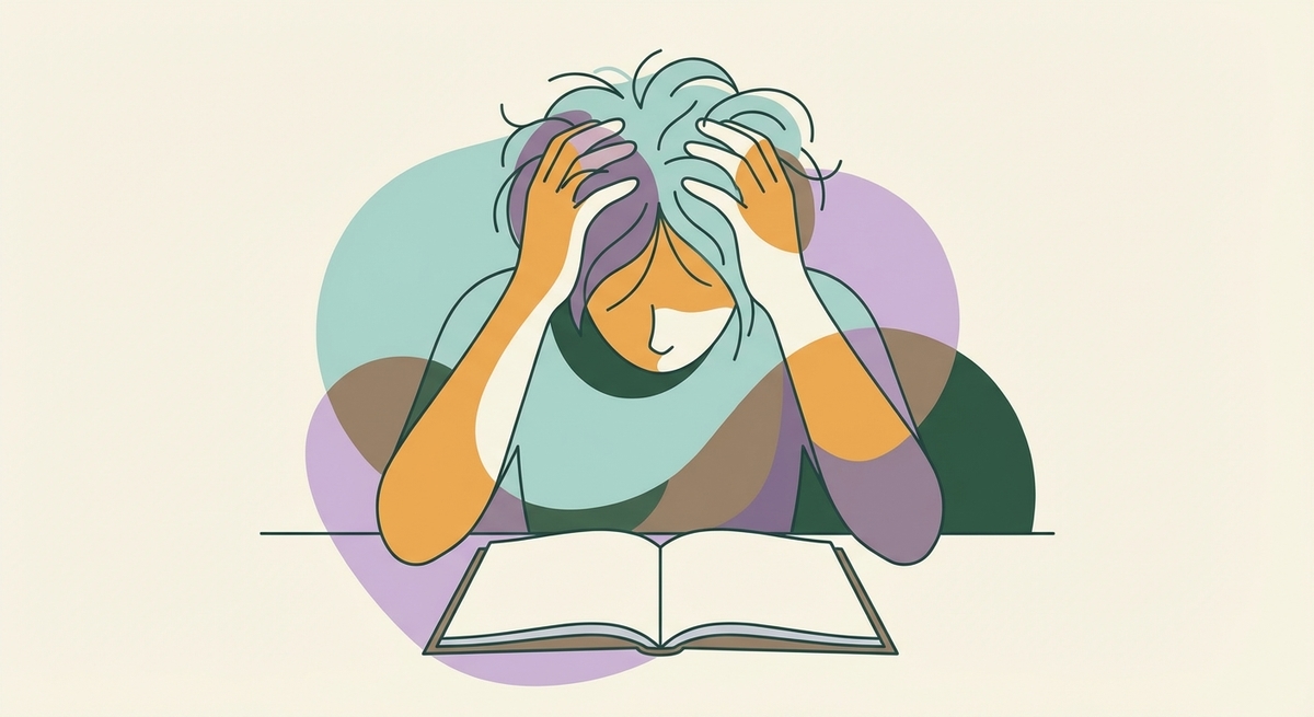 A person staring intensely at a blank notebook with a stressed expression