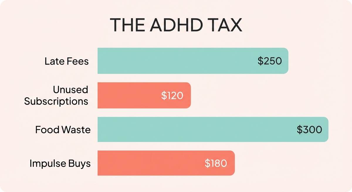 Bar chart illustrating the financial costs of ADHD including late fees and food waste