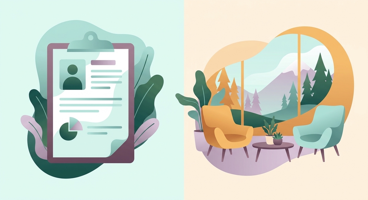 Illustration showing a warm, neuro-affirming conversation space compared to a rigid clipboard