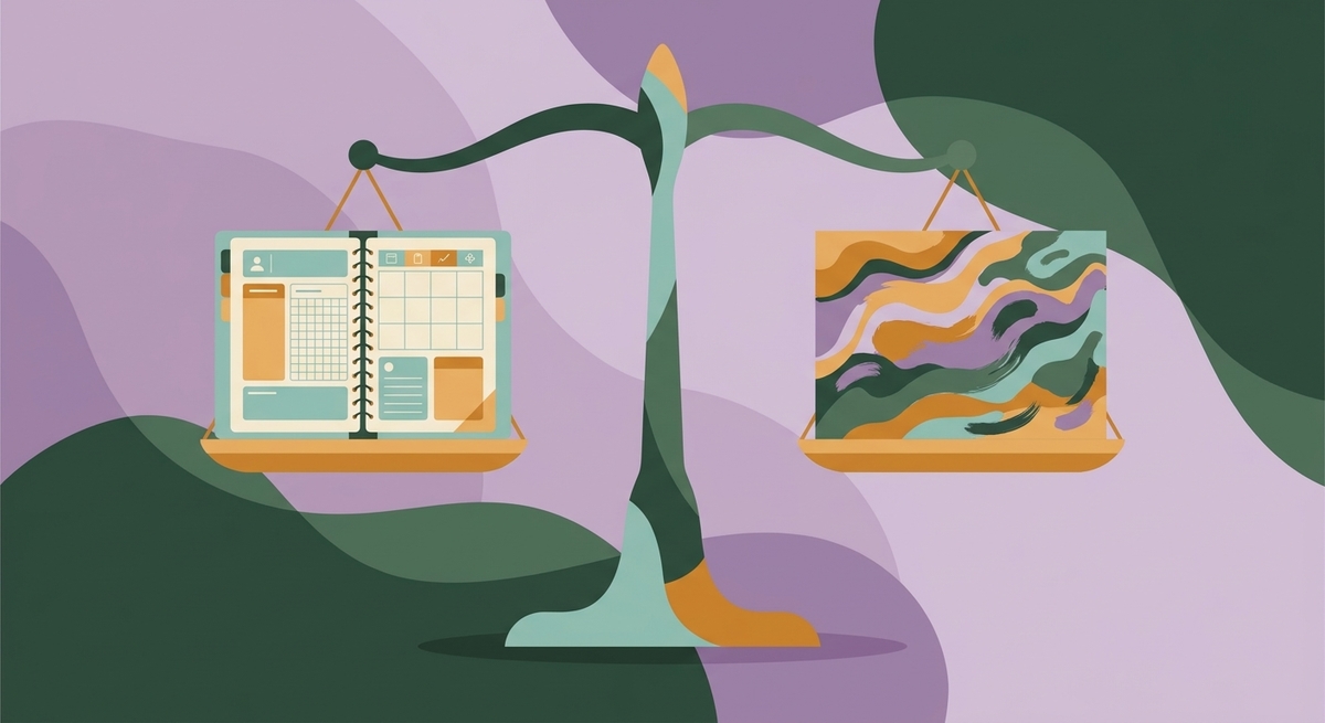 A balanced scale showing a structured planner on one side and colorful art on the other.