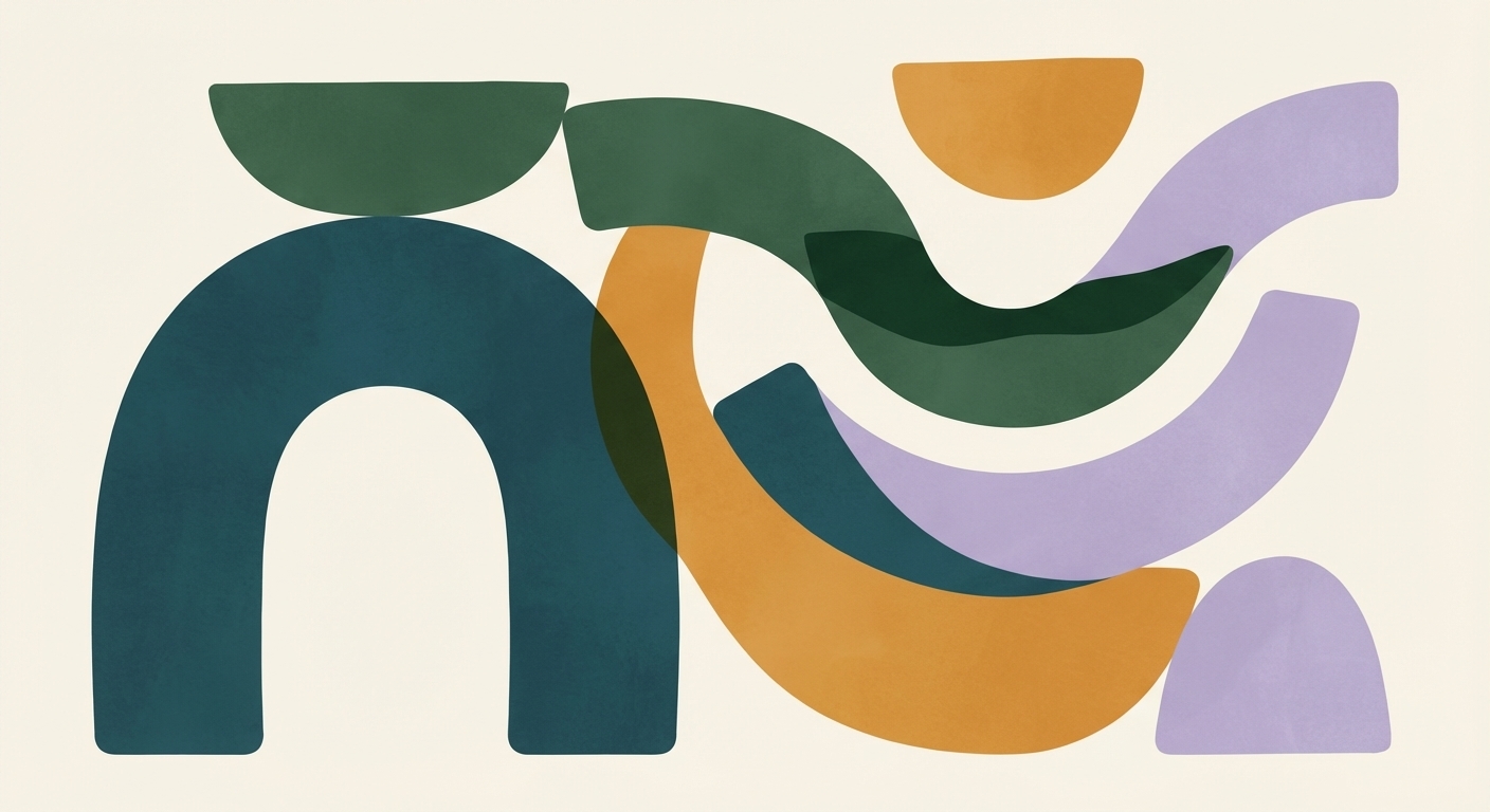Abstract composition of bold teal arches, green curves, golden crescents, and soft lavender waves on a cream background