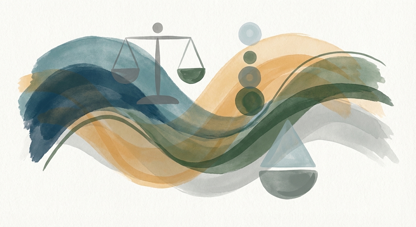 Watercolor illustration of balance scales and stacked stones amid flowing teal, green, and amber waves