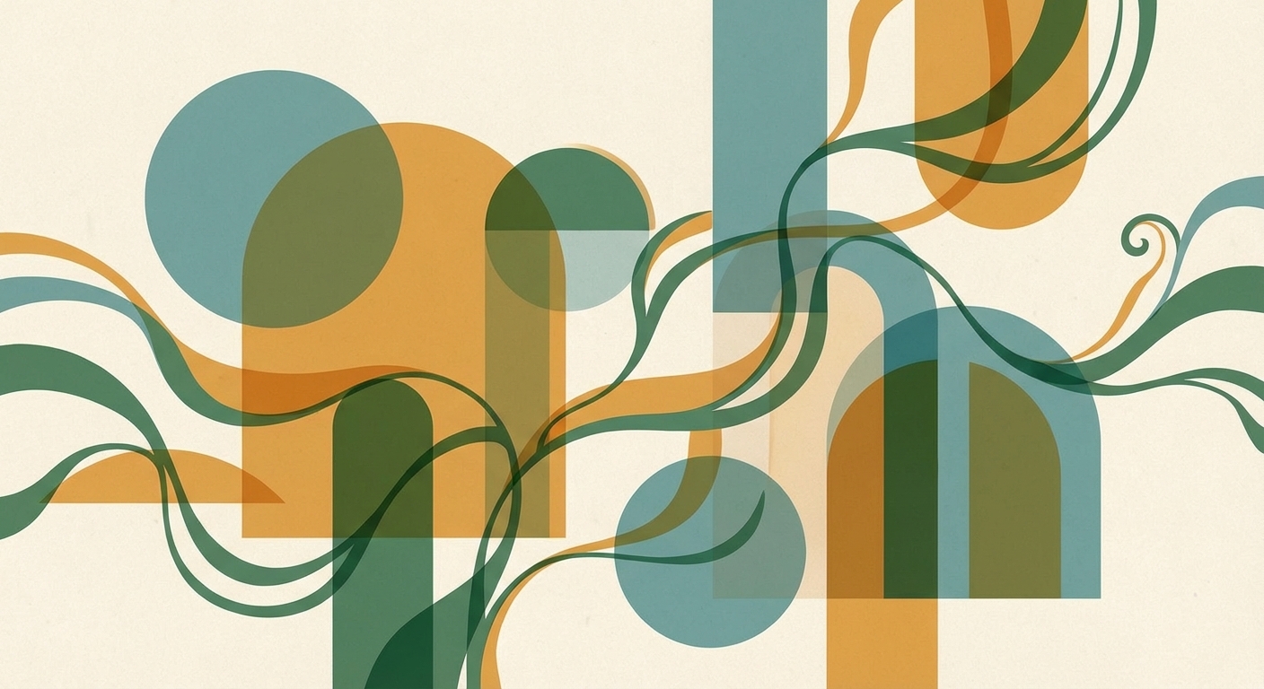 Abstract geometric artwork with green vine-like swirls weaving through teal circles and golden archways on a cream background