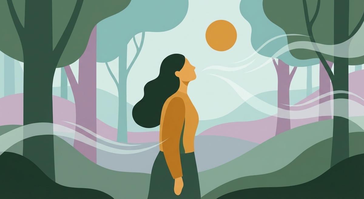 An adult standing in a lush Pacific Northwest forest, breathing deeply.