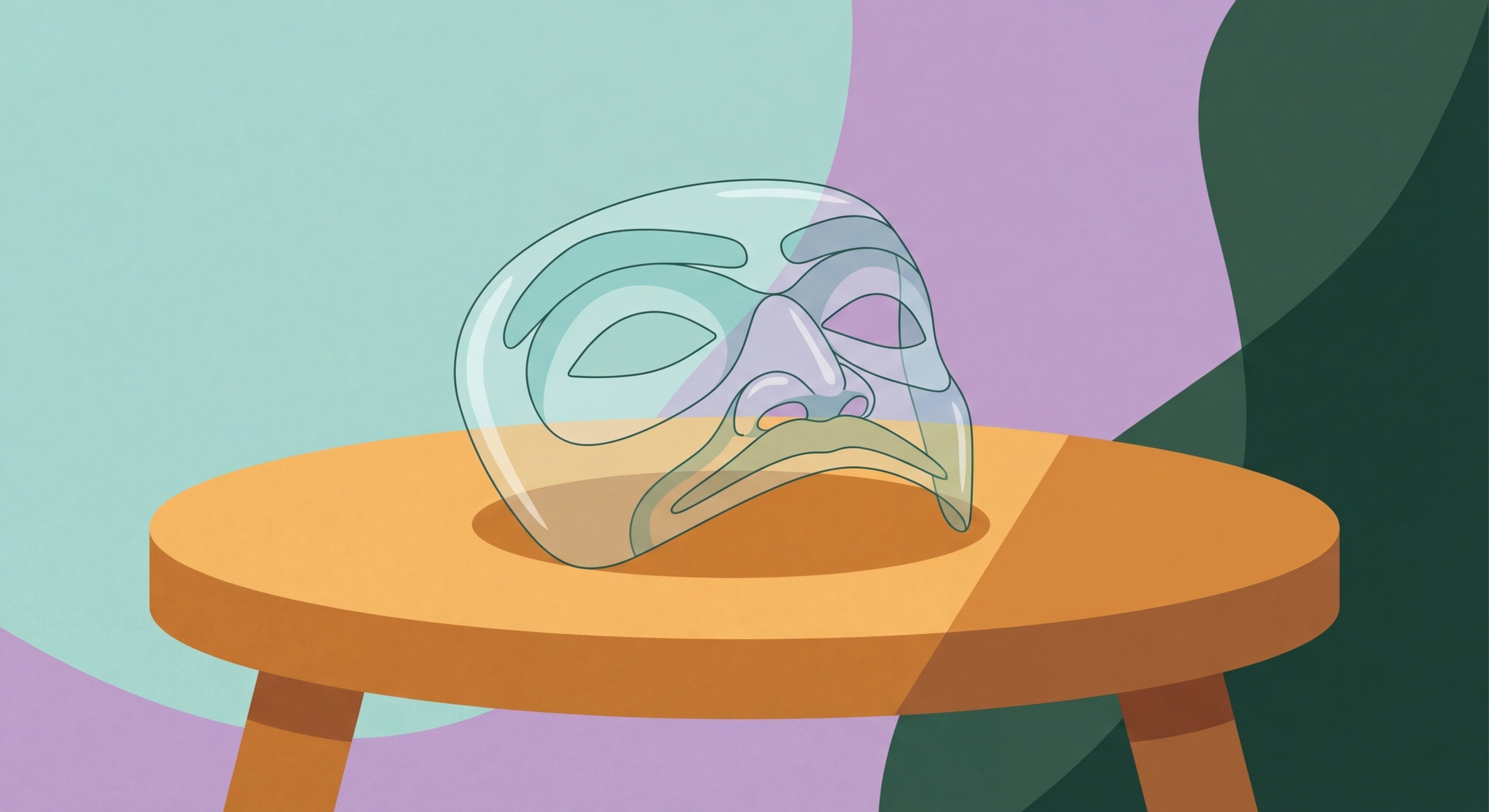 A fragile glass mask sitting empty on a table.
