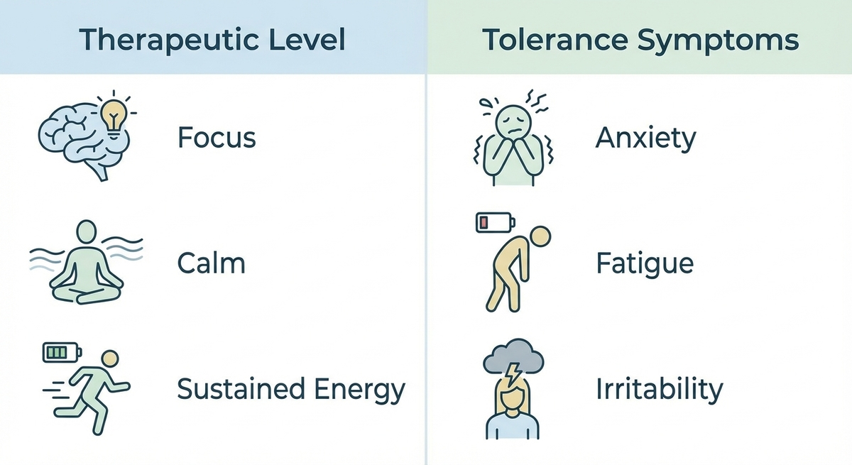 A comparison chart showing the positive effects of therapeutic medication levels versus the negative symptoms of tolerance.