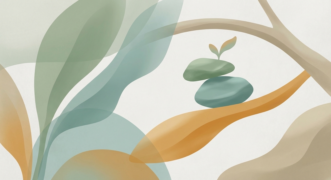 Soft illustration of stacked stones with a small sprout nestled among flowing leaves in muted green and amber tones