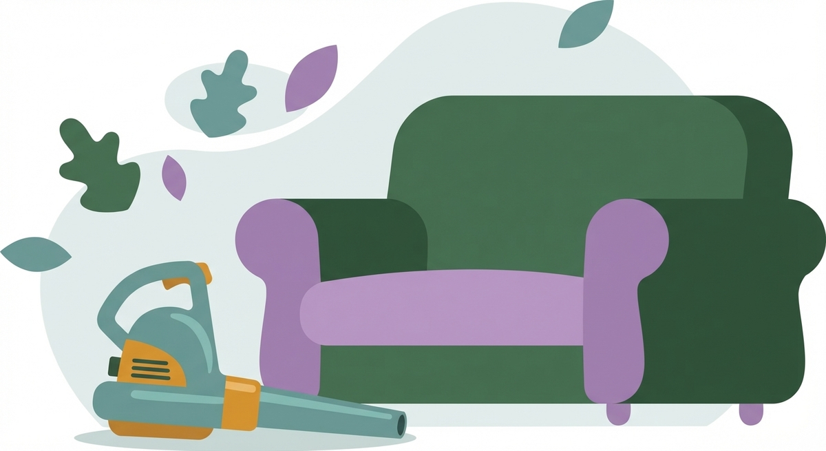 A compact electric blower resting on a clean living room floor.