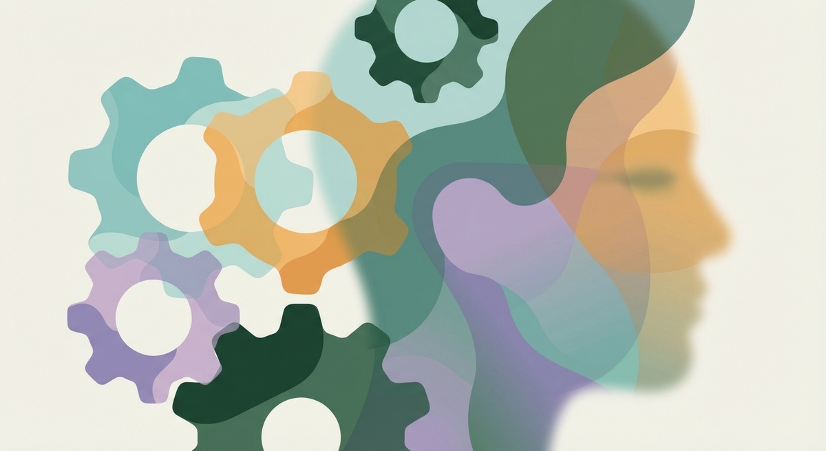 Abstract glowing gears showing the mental effort of processing a human face.