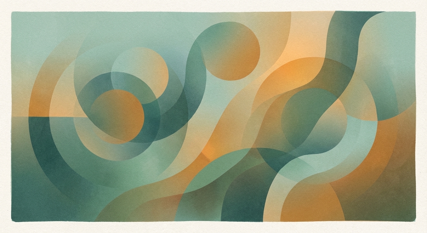Abstract watercolor-style artwork with overlapping teal and warm orange curves and circles evoking flowing sensory waves
