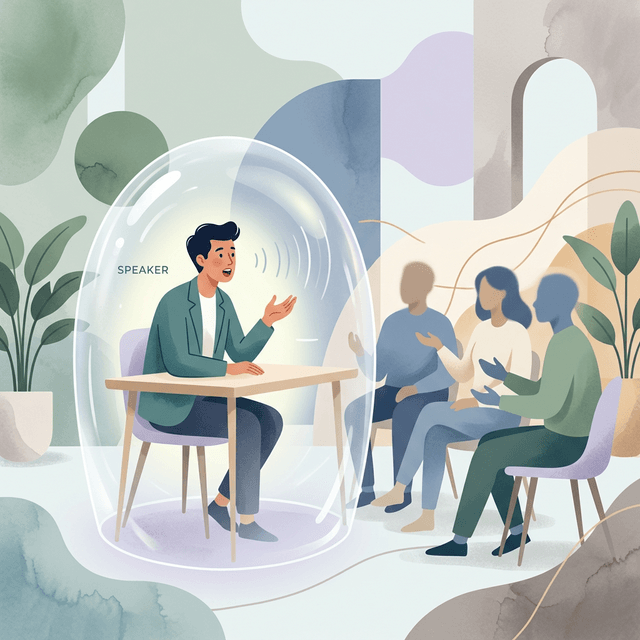 Abstract illustration of the social glass wall effect, feeling separated from a group by an invisible barrier.