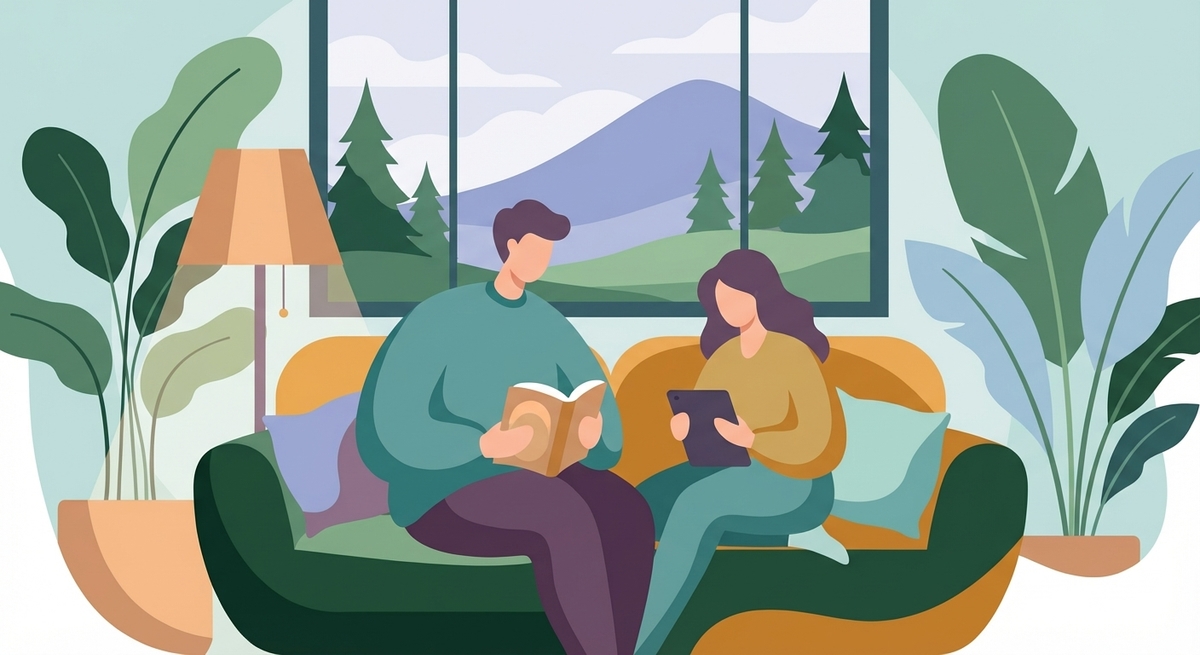 Two individuals engaged in parallel play, reading separate books comfortably in the same room