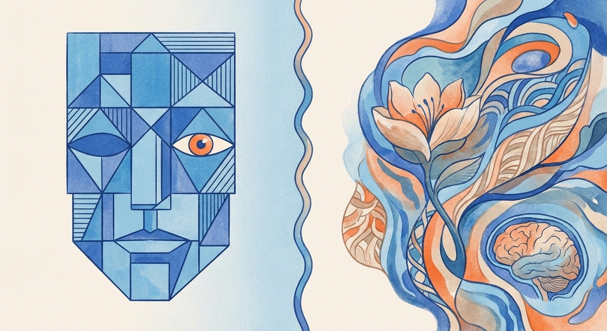 Abstract comparison showing rigid, constrained shapes representing masking versus fluid, organic shapes representing authenticity.