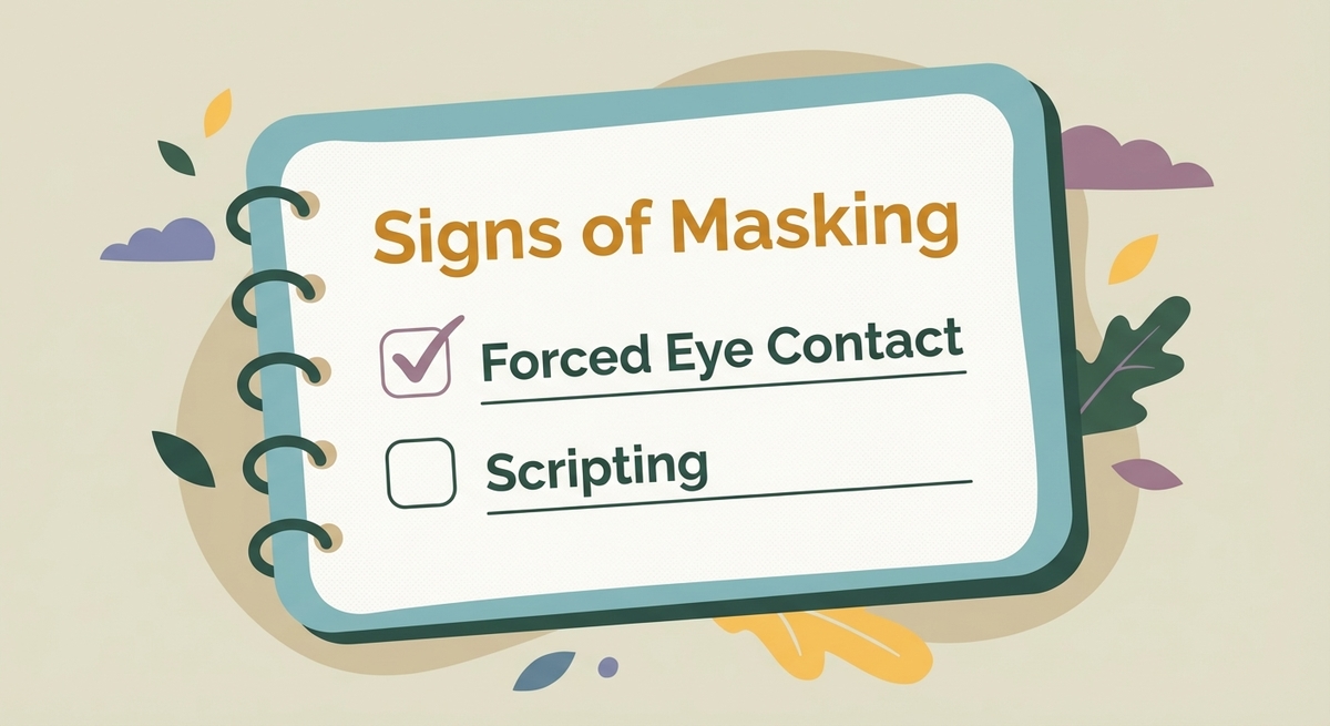 A graphic checklist titled Signs of Masking, listing forced eye contact, scripting, and suppressing stims.