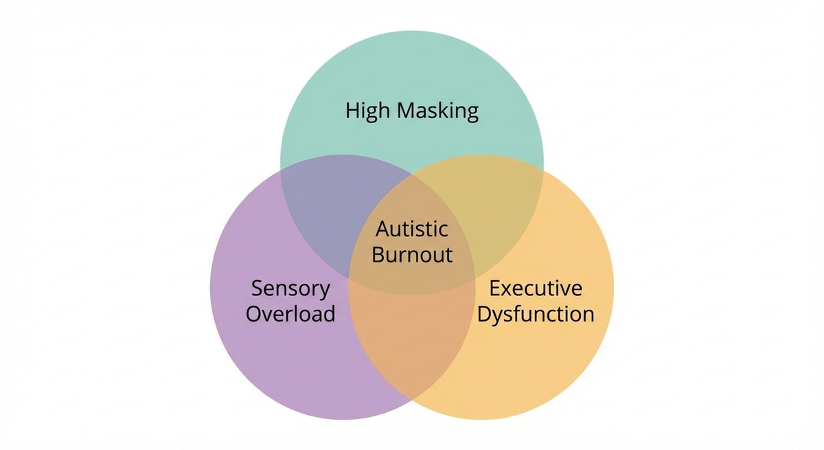 Venn diagram illustrating that Autistic Burnout is the overlap of High Masking, Sensory Overload, and Executive Dysfunction.