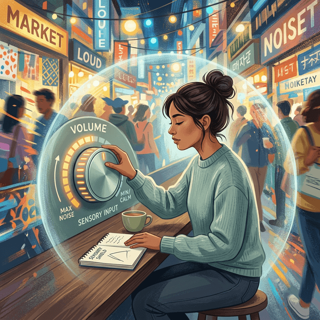 A person in a bustling environment touching a volume dial, symbolizing turning down sensory input.