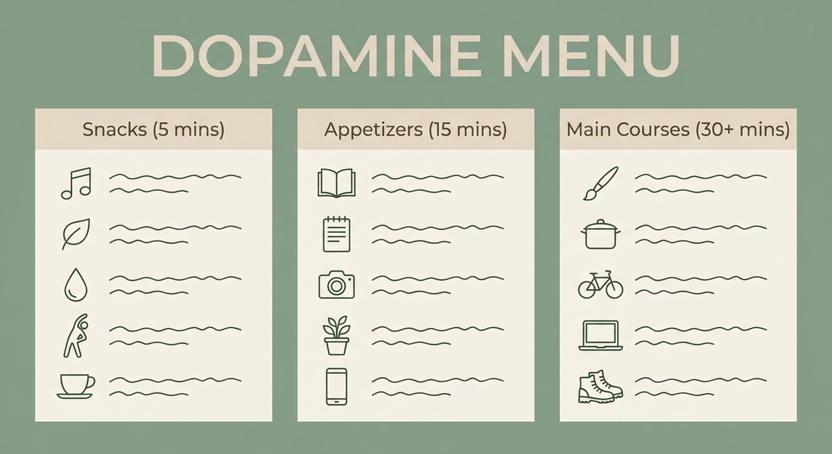 A visual template of a Dopamine Menu with columns for low, medium, and high-effort rewarding activities.