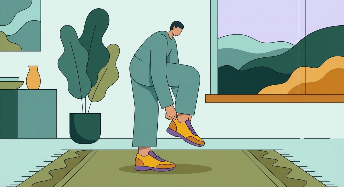 A person tying their bright sneakers indoors to start a task.