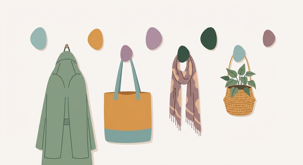 A wall filled with colorful hooks holding everyday items.