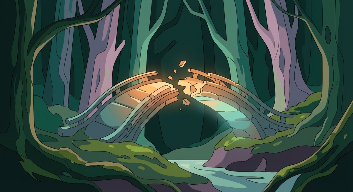 A glowing broken bridge showing a disconnect in a dark forest