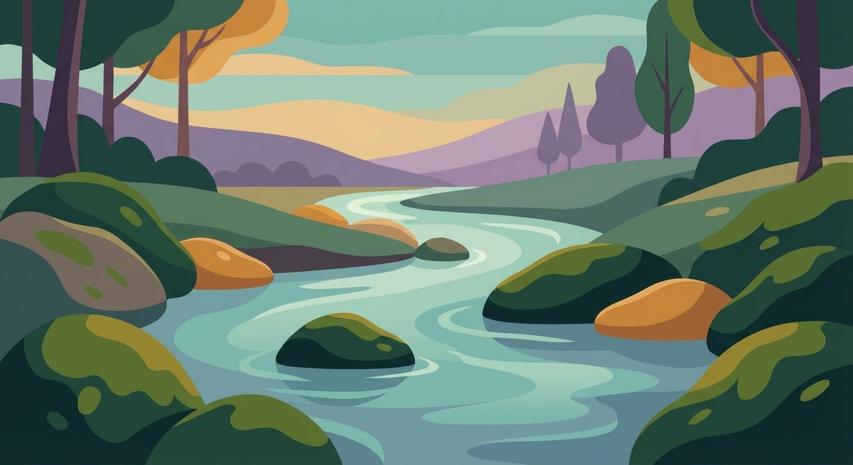 A calm river winding through moss-covered stones in the Pacific Northwest