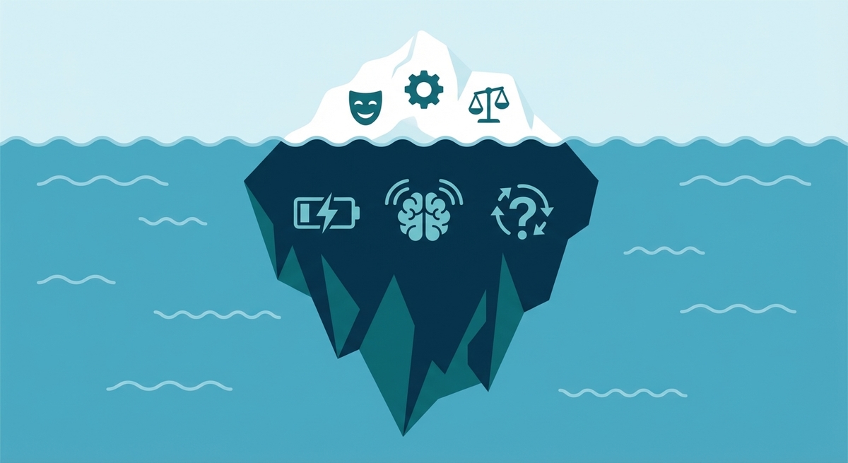 Iceberg diagram illustrating that visible functioning is only a small part of the autistic experience, with exhaustion hidden below the surface.