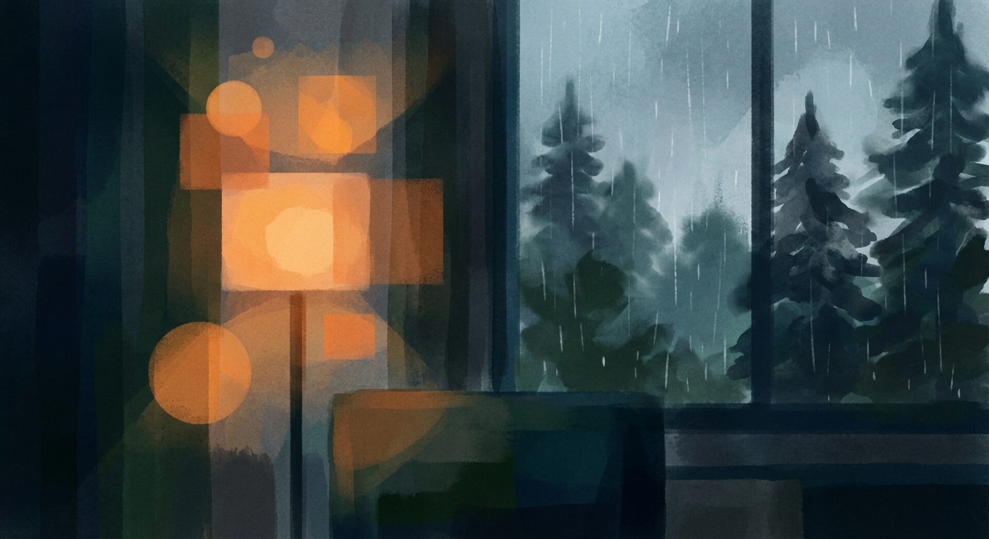 Warm indoor lights glowing beside a rain-streaked window overlooking misty Pacific Northwest evergreen trees