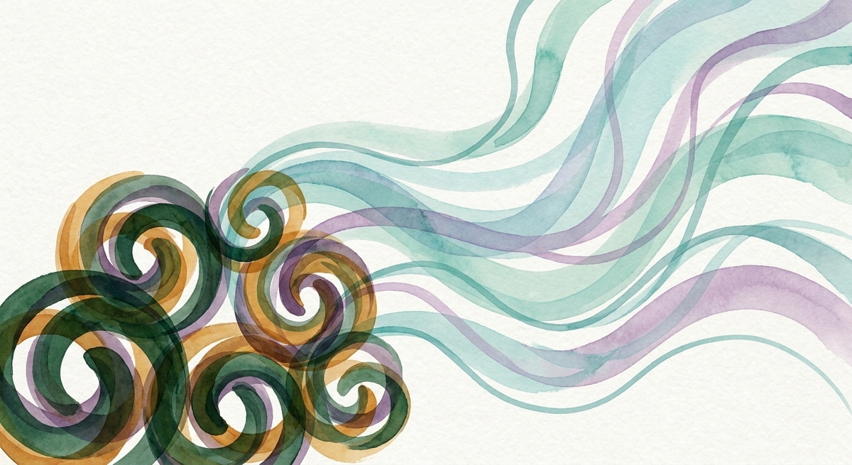 Watercolor painting showing tight knots relaxing into smooth flowing lines