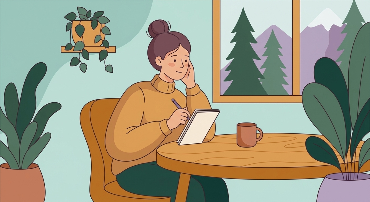 A person writing in a journal at a warm, well-lit desk