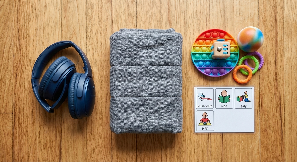 A flat-lay style collection of sensory regulation tools including noise-canceling headphones, a weighted lap pad, fidget spinners, and a chew necklace on a wooden table.