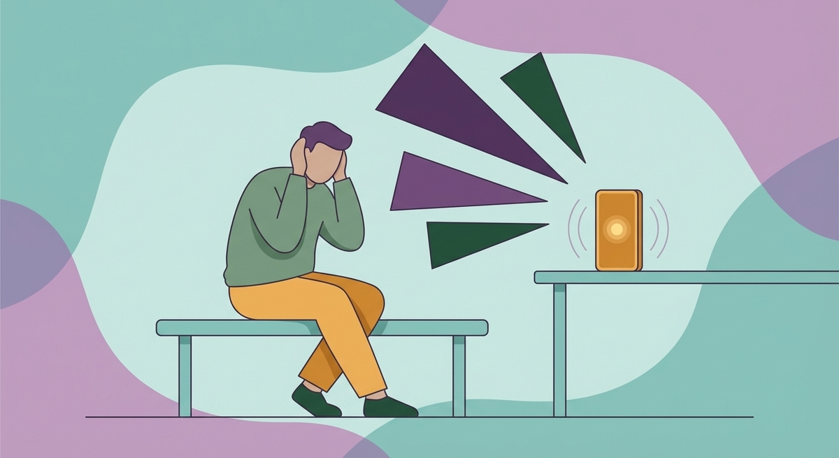 A person looking overwhelmed by a buzzing phone and loud noises