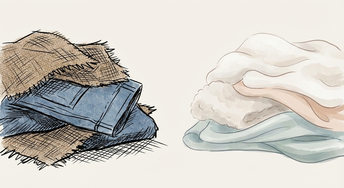 Comparison chart showing sensory-friendly fabrics like cotton and fleece versus sensory-unfriendly fabrics like wool and synthetics