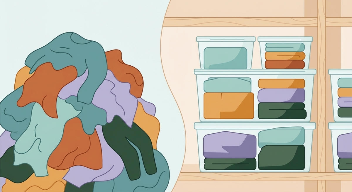 Comparison of a cluttered clothing pile versus clothes organized in clear bins for visual accessibility.
