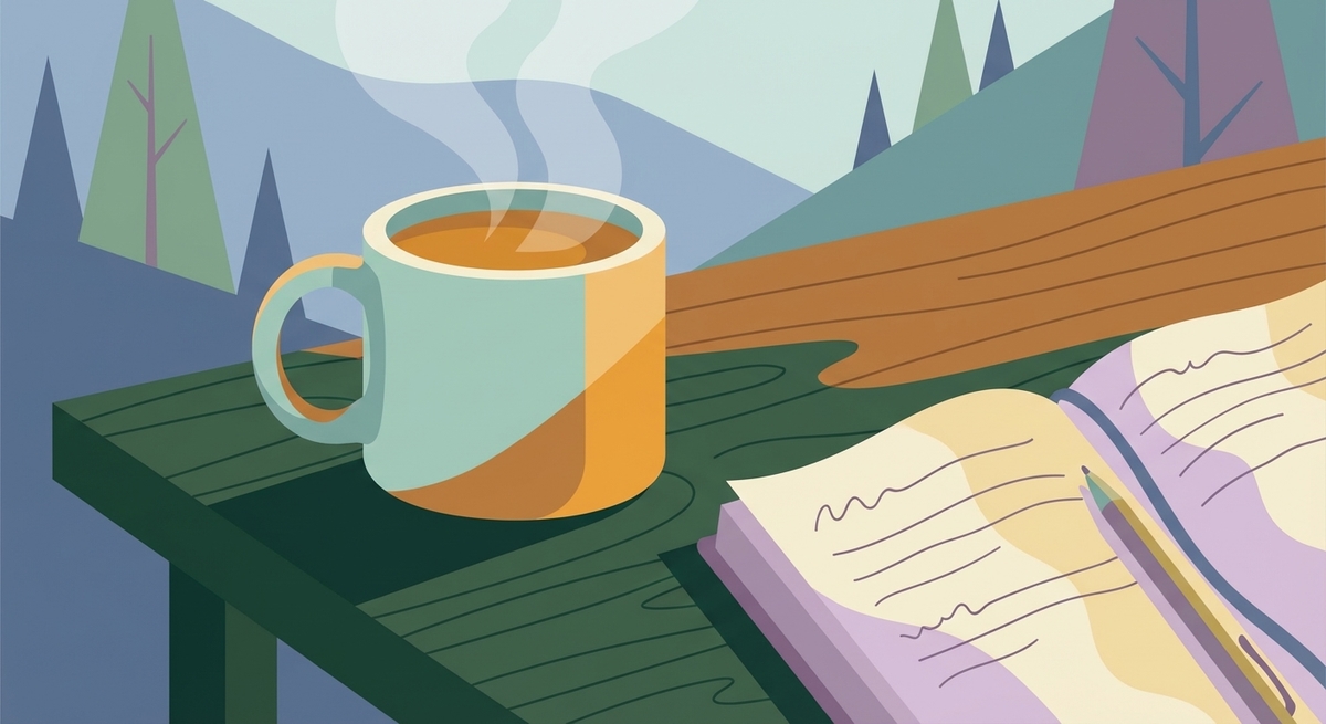 A cozy desk setup with tea and an open journal