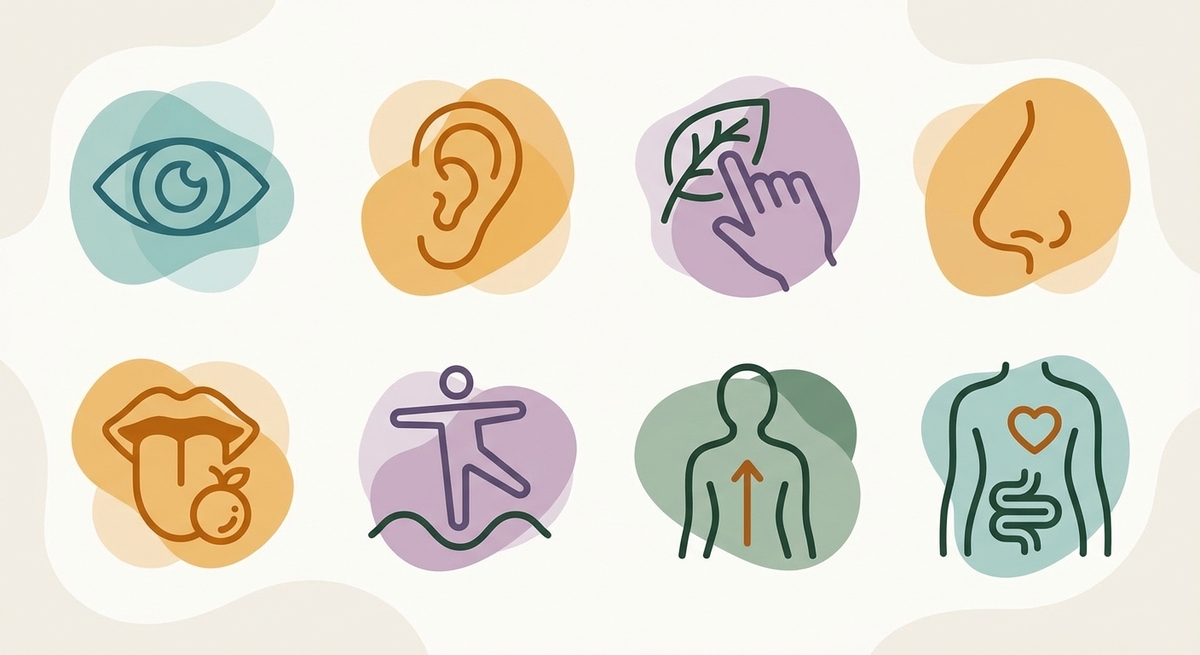 Infographic displaying the 8 senses: sight, sound, smell, taste, touch, vestibular, proprioception, and interoception.