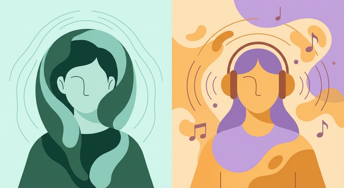 Illustration comparing a sensory avoider covering their ears vs a sensory seeker enjoying loud music.