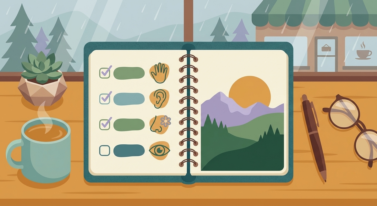 A daily planner notebook showing a schedule of sensory activities like 'morning stretch' and 'quiet time'.