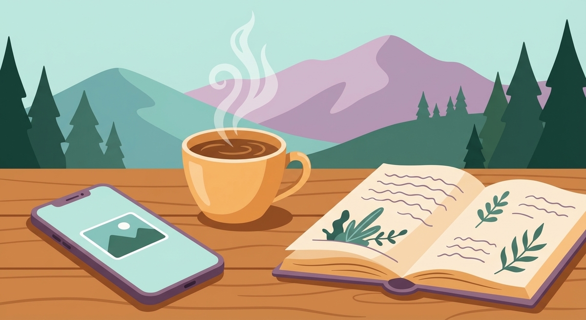 A smartphone, coffee cup, and open journal on a wooden desk