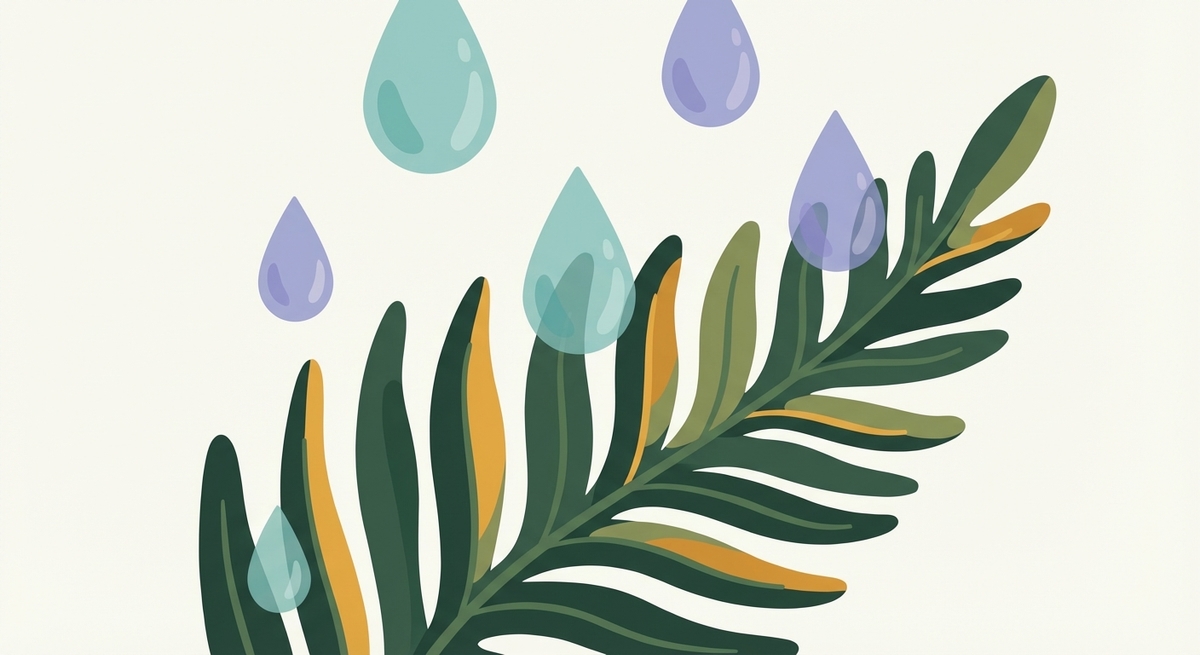 Close up of raindrops resting on a green fern leaf in a forest