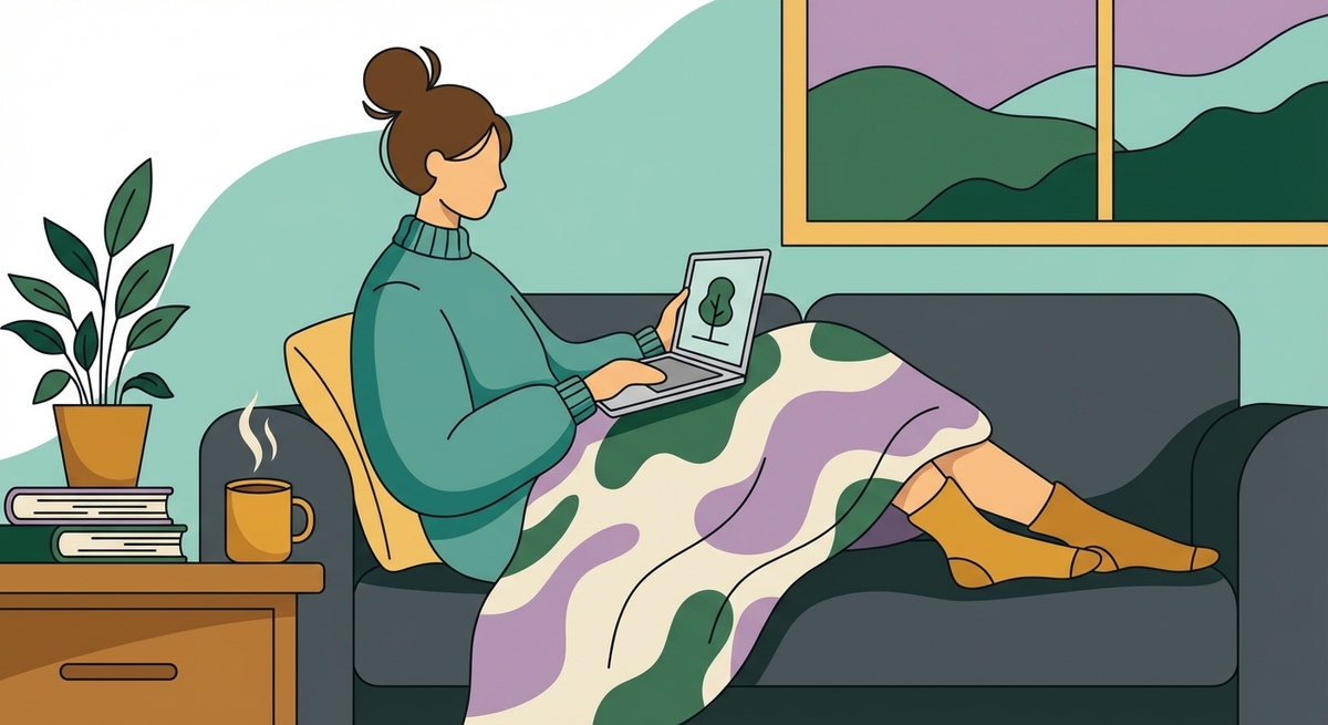 An adult comfortably completing online intake forms at home