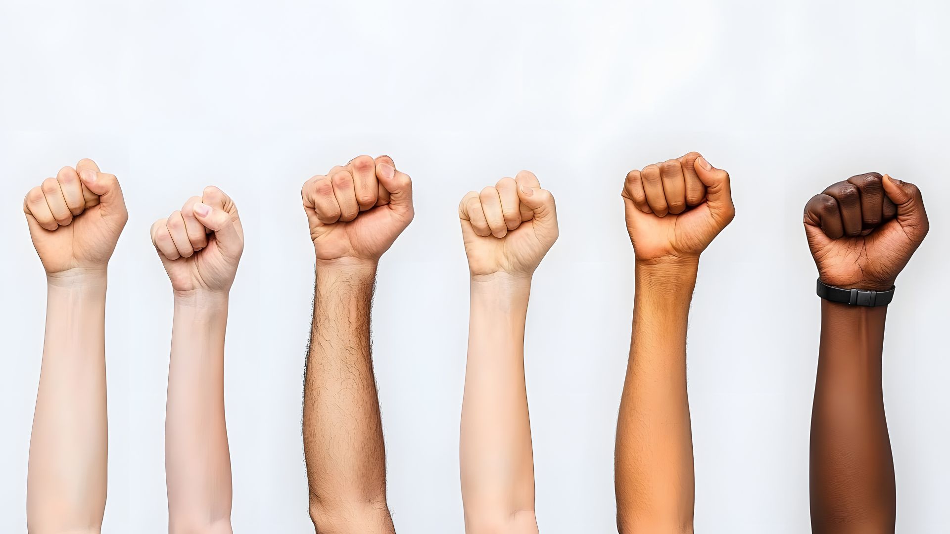 Six raised fists of diverse skin tones against a white background