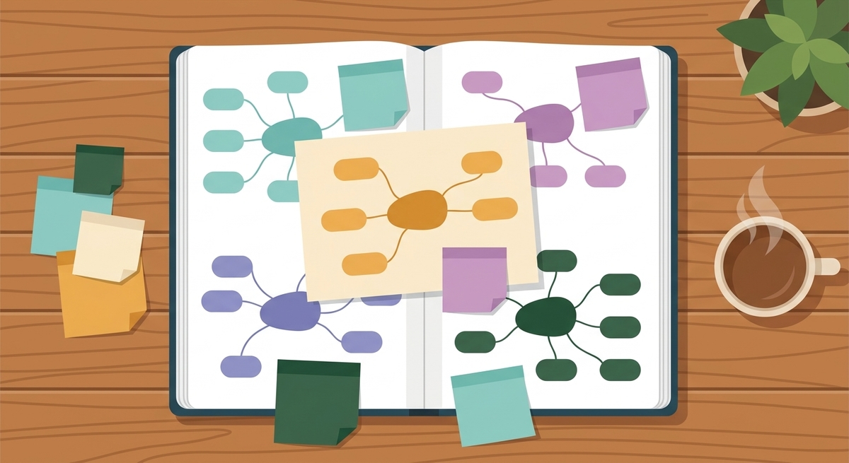 A notebook showing complex mind maps representing adult ADHD traits