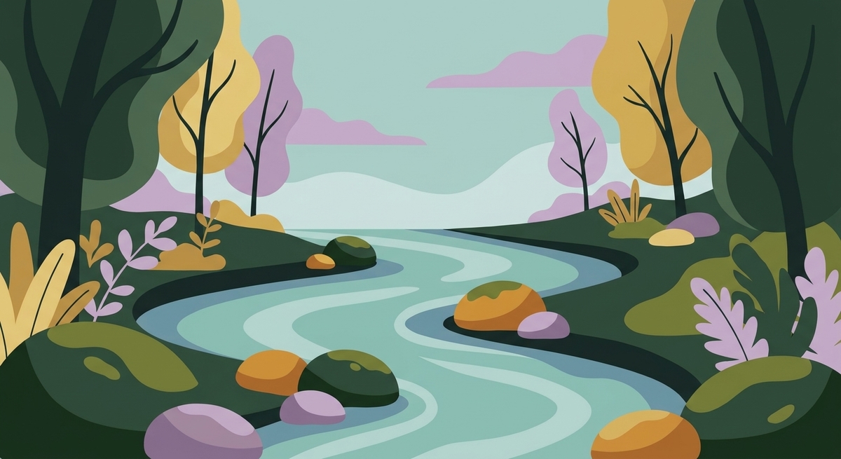 A peaceful Pacific Northwest forest stream flowing over smooth, mossy rocks