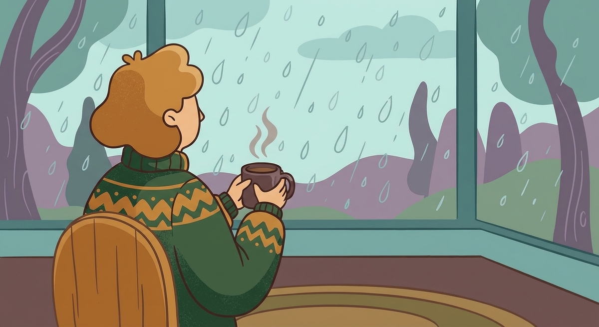 An adult regulating their nervous system with a warm drink on a rainy day