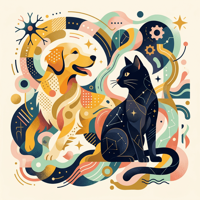 Abstract representation of the AuDHD brain as a duality of a golden retriever and a black cat coexisting.