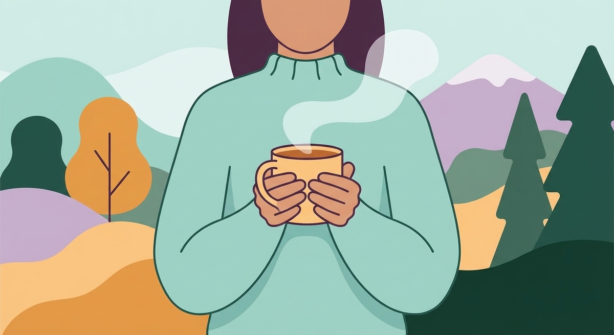 A person holding a warm mug, taking a moment of quiet regulation away from a social gathering