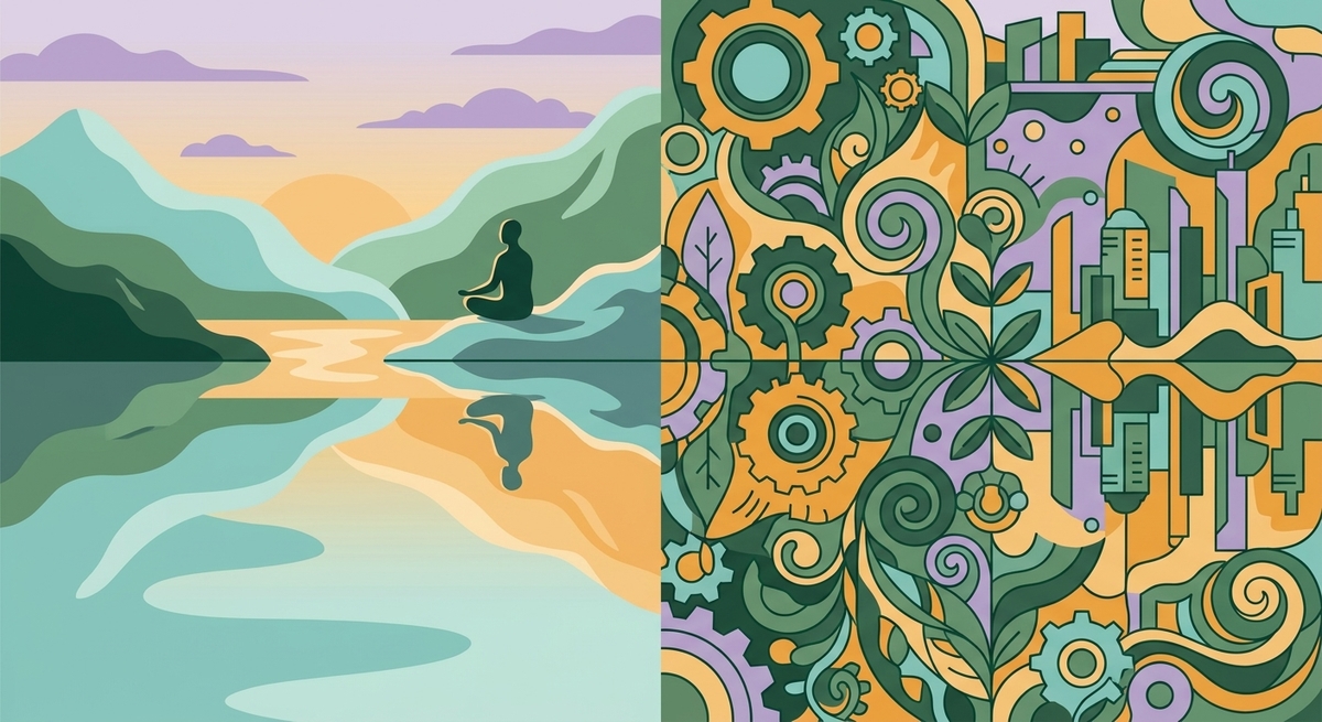 Abstract art showing a calm outer face with a colorful, complex mind