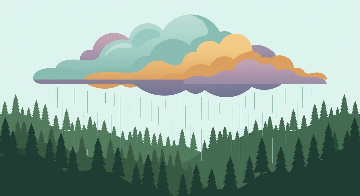 Dark rainclouds gathering above a green pine forest.