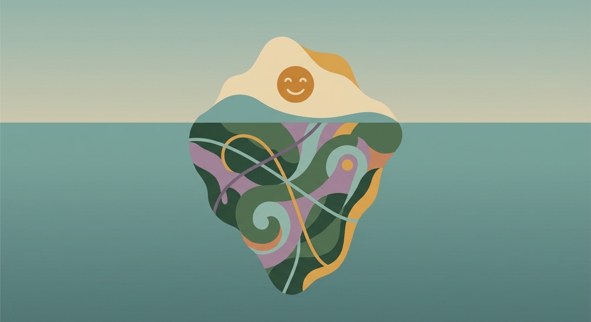 An iceberg illustration showing a calm face above water and chaotic cognitive effort below water.
